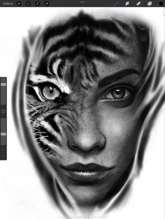 a black and white photo of a woman's face with a tiger on it