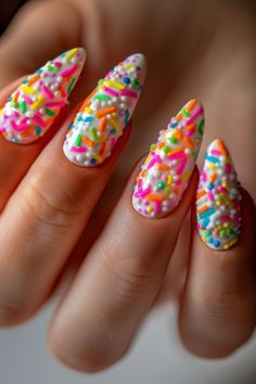 Summer Vacation Nail Inspo Almond, Swimming Pool Nails, Sprinkle Nail Art, Fun Summer Nails 2024, Candy Land Nails, Summer Nail Inspo 2024 Almond, Sprinkles Nails, Popsicle Nails, Crazy Summer Nails