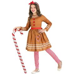 You'll look like sugar and spice and everything nice in this exclusive Gingerbread Costume Dress for Girls! The knee-length brown dress zips up the back and is accented with printed white "frosting" details. The bodice is decorated with three red pom-poms and the attached red sash ties at the back of the waist. Slip on the candy-cane-striped leggings and the matching, bow-bedecked headband and you're ready to usher in a winter wonderland. Gingerbread Costume, Girl Gingerbread, Knit Fabric Dress, Red Tights, Black Halloween Dress, Small Girl, Holiday Costumes, Gingerbread Girl, Girls Dress Up