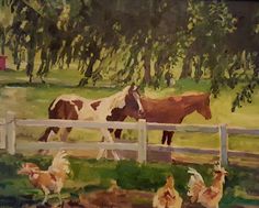 a painting of a horse and chickens in a fenced in area with trees behind it