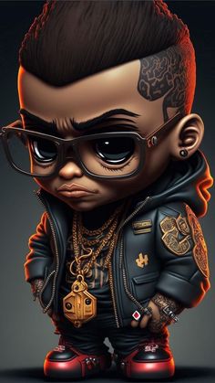 an image of a cartoon character with tattoos on his head and glasses, wearing a leather jacket