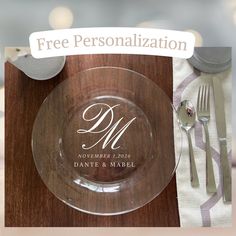 a personalized glass plate on a wooden table