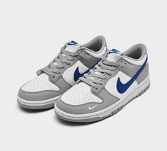 Nike Dunk Low 'Mini Swoosh Wolf Grey / Game Royal' FN3878-001 (GS Youth 6.5) Fancy Sneakers, Pretty Sneakers, Shoes For School, Jordan Shoes Retro, Kicks Shoes, All Nike Shoes, Cute Nike Shoes, Best Shoes, Girly Shoes