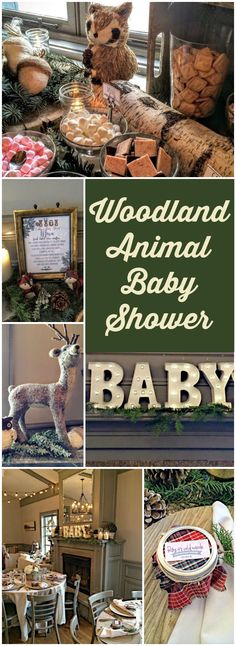 the woodland animal baby shower is displayed in this collage