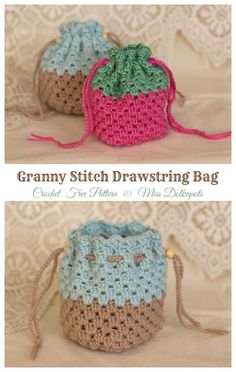 two crocheted drawstring bags sitting on top of each other