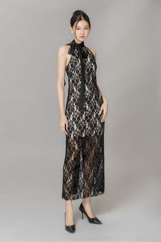 Elevate your wardrobe with the luxurious dress. This dress features a halter scarf neck, delicate lace fabric, and a flattering ankle-length cut. Perfect for special occasions, add a touch of sophistication and exclusivity to your style. Luxurious Dress, Luxurious Dresses, Types Of Lace, Mean Blvd, Scarf Neck, Ankle Length Dress, Neck Lace, V Cuts, Neck Scarves