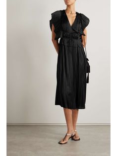 ULLA JOHNSON Letty ruffled plissé-satin midi dress | NET-A-PORTER Black Cotton Midi Dress With Ruffles, Ulla Pocket Black Dress, Luxury Black Midi V-neck Dress, Black Ruched V-neck Midi Dress, Ulla Johnson | Fall Winter 2022/2023, Net A Porter, Zoe Kravitz, Ruffled Sleeves, Satin Midi Dress