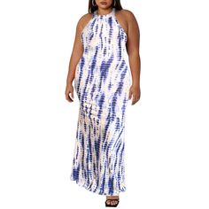 Light Blue Printed Sleeveless Plus Size Maxi Dress Blue Fitted Halter Dress For Vacation, Fitted Blue Sleeveless Maxi Dress, Casual Sleeveless Stretch Halter Dress, Casual Stretch Halter Dress Sleeveless, Fitted Blue Sleeveless Summer Dress, Blue Fitted Sleeveless Summer Dress, Blue Halter Neck Sleeveless Dress For Spring, Blue Halter Dress For Summer Day Out, Blue Halter Neck Dress For Spring