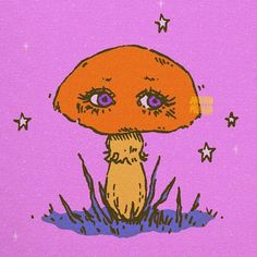 a drawing of a mushroom with eyes and stars around it on a purple background,