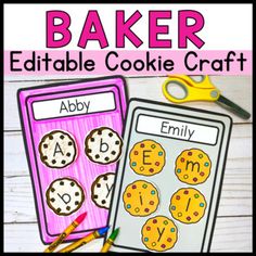 two cookie themed printables with scissors and crayons to make them look like they are baking