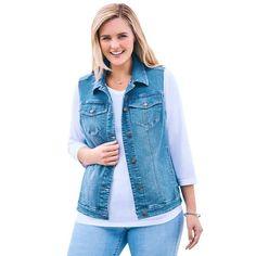 Woman Within Women's Plus Size Stretch Denim Vest Vest.Layer-up in denim all year in our classic stretch vest. The perfect cover-up for fair weather, never too warm or cool. Our plus size jean vest has the best stretch fit you'll ever wear. Made with classic flap chest pockets with button closures. Adjustable button-tab bottom bandSide pockets23" lengthCotton/poly/spandex, importedMachine washable . About the brand: At Woman Within were the experts in plus size comfort, and weve been doing this Plus Size Vest, Plus Size Vests, Cable Knit Sweater Womens, Paneled Skirt, Jean Vest, Plus Size Coats, Sleeveless Pullover, Woman Within, Swimsuits For All