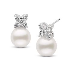 These Kiss Collection Freshadama 9.0-10.0 mm pearl earrings feature an X of diamonds set atop a perfectly round Freshwater cultured Freshadama pearl, emulating the popular XOXO so many use to sign letters to loved ones. These earrings are set with high-quality, G VS1 diamonds have a total weight of 0.66ct., or 2/3 carat. They are also a perfect match to our pendant and ring of the same name! The earring's elegant and romantic design is the perfect complement to a night on the town or as a symbol Timeless Brilliant Cut Pearl Earrings For Formal Occasions, Classic White Pearl Earrings With Cubic Zirconia, Timeless Pearl Earrings With Cubic Zirconia For Anniversary, Classic White Cubic Zirconia Pearl Earrings, Timeless Diamond White Pearl Earrings For Anniversary, Timeless Brilliant Cut Pearl Earrings Gift, Timeless Brilliant Cut Pearl Earrings For Gift, Silver Pearl Earrings, Brilliant Cut, Timeless, Timeless White Pearl Earrings With Brilliant Cut