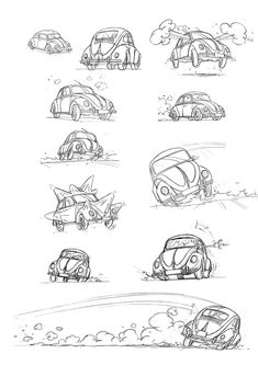 some cars that are drawn in pencil and ink, with different angles to each other