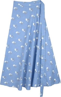 A cool boho summer skirt in sky blue pure woven cotton fabric with white printed florals, this medium-weight wrap around skirt goes with a variety of tops. Chic and trendy, wrap skirts work on any body type and and perfect for keeping cool and comfortable and covered in the summer. #tlb #WrapAroundSkirt #JuniorPetite #Floral #Printed #bluecottonmidilengthwrap #petiteskirt #cottonskirtforsummer Morocco Trip, Malibu Blue, Wrap Skirts, Summer Wraps, Cotton Midi Skirt, Scarf Shirt, Trendy Skirts, 20s Fashion, Wrap Around Skirt