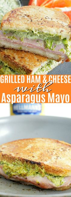 grilled ham and cheese sandwich with asparagus mayo on a plate next to tomatoes