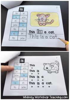 two pictures of the same worksheet with words and numbers on them, one has an image of a cat