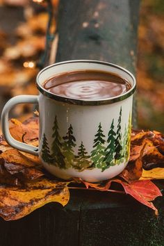 a cup of hot chocolate sitting on top of autumn leaves next to a tree trunk