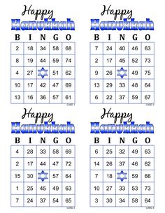 four happy hanukkah bingo cards with the words happy hanukkah on them