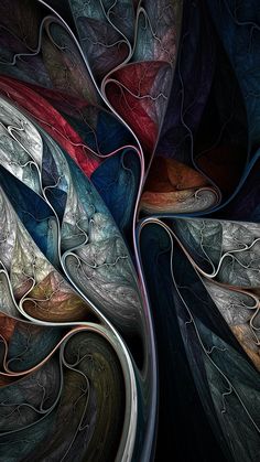 an abstract painting with multiple colors and curves in the form of waves on a black background