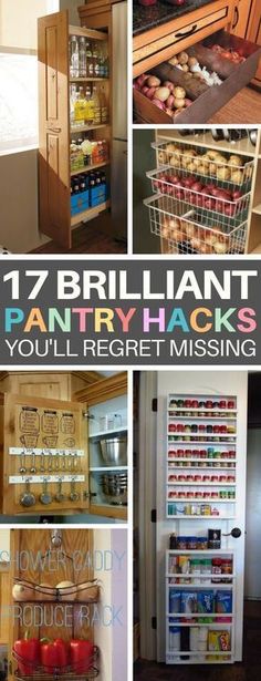 there are many pictures of pantry hacks in this kitchen