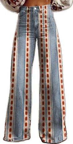 Striped Relaxed Fit Wide Leg Pants, Bohemian Wide Leg Striped Pants, Bohemian Striped Bottoms For Spring, Bohemian Striped Bottoms For Vacation, Casual Striped Wide Leg Pants For Vacation, Multicolor Relaxed Fit Wide Leg Pants, Wide Leg Pants Casual, Western Tops, Striped Wide Leg Pants