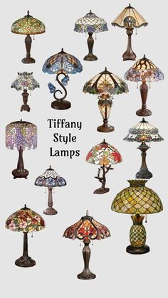 many lamps with different designs on them and the words tiffany style lamps written in large letters