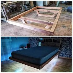 two pictures side by side one has a bed frame and the other has a mattress