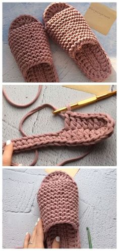 crocheted slippers are being made with yarn