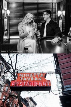 black and white photos of people sitting at a table in front of a restaurant sign