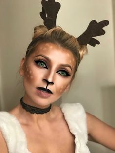 Reindeer Halloween Makeup, Reindeer Makeup Kids, Reindeer Makeup Simple, Reindeer Fancy Dress, Deer Makeup Halloween, Deer Costume Makeup, Outfits For Halloween