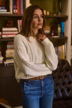 A person wearing the MARLEY SWEATER by Velvet by Graham & Spencer Womens Fitted Sweater, Style Crew Neck Sweater, White Waffle Knit Sweater, Cropped V Neck Sweater, Cable Knit Sweater Outfit, Knit Sweater Outfit, Velvet Tees, Winter Closet, Cami Shirt