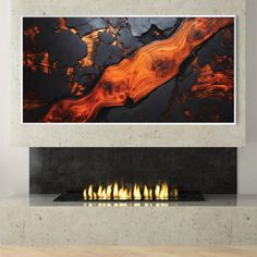 a modern fireplace with an abstract painting on the wall above it and lit flames below