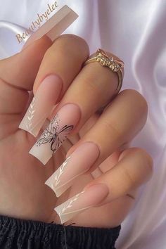 Acrylic Nails Nude, Butterfly Nail Designs, August Nails, Her Nails, Long Acrylic Nails Coffin, Coffin Nails Long, Long Square Acrylic Nails, Henna Tattoos, White Nail