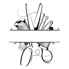 a black and white drawing of scissors and other items on a shelf with a ribbon