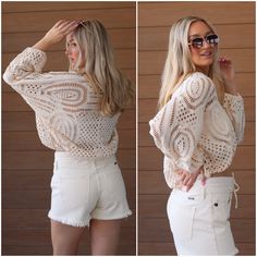 Summer nights in our Jessie Sweater. 🌆 This beauty is giving major Boho vibes in its crochet knit fabrication. Style with cream linen or denim shorts and your favorite sandals and you're good to go. #summersweaters #summernights #btqbleu #summerootd #knitsweater #creamsweater #shortsandsweatercombo #boutiquelook #bohovibes Tinted Aviator Sunglasses, Sweater Shorts, Gold Chain Link Necklace, Surplice Top, Boho Sweater, Summer Sweaters, Ootd Summer, Kimono Sleeves