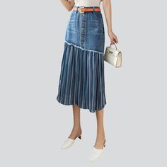 Introducing the 2023 Spring-Summer Collection's pleated women's denim skirt ââ‚?a stylish and conventional piece for the couture trendsetter!Why This 20th-century-Inspired Skirt Is A Must-HaveThis mid wash denim skirt is patterned for the woman who loves to express her fashion sense with bold yet classic trend. It features a high-waisted cut that accentuates your curves and pleats at the waistline that adds a subtle but powerful flourish. To complete the look. this skirt is finished with a butto Denim Skirts Online, Pleated Denim Skirt, Womens Denim Skirts, High Waisted Denim Skirt, Jeans Skirt, Denim Skirt Women, Fashion Sense, Denim Wash, 90s Fashion