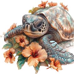 a painting of a sea turtle surrounded by flowers