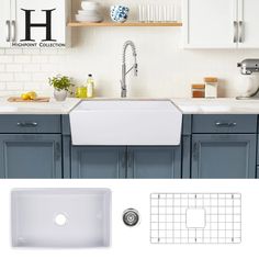 a kitchen with blue cabinets and white counter tops, including a large sink in the center