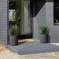 two large planters sitting on the side of a building next to a door and window