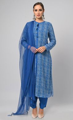 Tie & Dye Effect Printed Salwar Kameez Set With Net Dupatta - EastEssence.com Plazzo Suits, Net Dupatta, Tunic Style, Tunic Styles, Salwar Kameez, Tassels, Special Occasion, Tie Dye, Dye