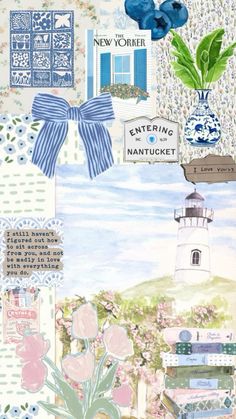 an image of a collage with flowers and blue things in the background, including a lighthouse