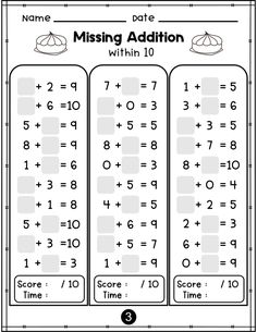 missing addition worksheet for the first grade students to practice addition skills with numbers