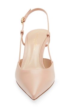 This slingback pump is fronted by a sharp pointy toe, lifted on a walkable kitten heel and detailed with a brand-signature ribbon-shaped buckle. 2 1/2" (64mm) heel (size 38.5) Adjustable slingback strap with buckle closure Leather upper, lining and sole Made in Italy Designer Shoes Luxury Pink Pointed Toe Slingback Pumps, Luxury Pink Slingback Pumps Pointed Toe, Chic Blush Heels With Sculpted Heel, Elegant Pink Slingback Pumps With Wrapped Heel, Pink Slingback Pumps With Sculpted Heel For Formal Occasions, Pink Slingback Pumps With Sculpted Heel For Formal Events, Formal Pink Slingback Pumps With Sculpted Heel, Pink Slingback Pumps With Sculpted Low Heel, Pink Low Heel Slingback Pumps With Sculpted Heel