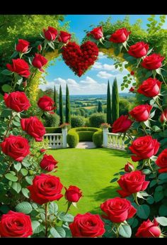 a heart shaped frame with red roses in the foreground and an image of a garden behind it