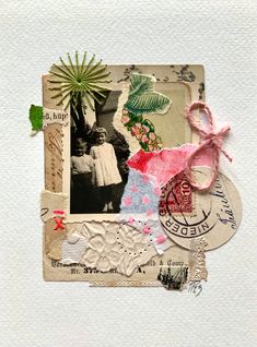 an altered collage with various pictures and words on it's side, including a pink ribbon