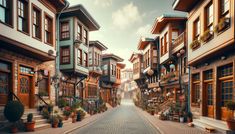 an old european street lined with buildings and potted plants