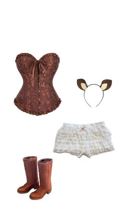 a corset, shorts, and boots are arranged in the shape of a woman's head