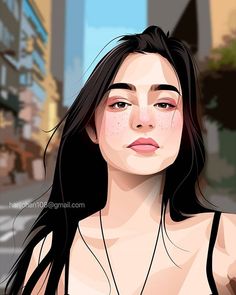 a digital painting of a woman with freckles on her face and black hair