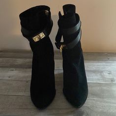 Sleek Looking Bootie In Very Good Condition, Minor Tarnish On Buckles. Run Narrow Black Ankle-high Martin Boots With Reinforced Heel, Givenchy Shark, Black Ankle-high Moto Boots With Zipper Closure, Suede Wedges, Black Suede, Givenchy, Bootie Boots, Sleek, Ankle Boots