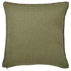 an olive green pillow with a zippered closure on the front and back, sitting on a white background